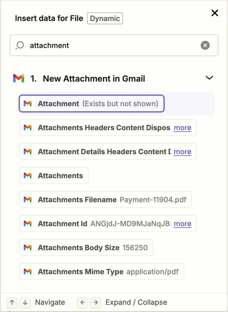 Attachment fields search