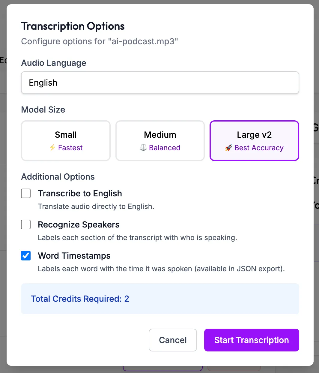 Transcription modal