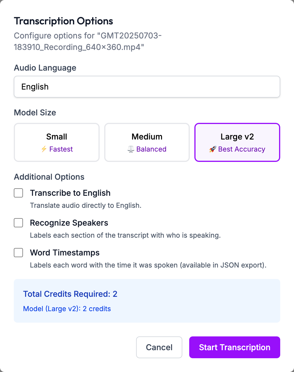 WhisperAPI Upload Options showing credit calculation