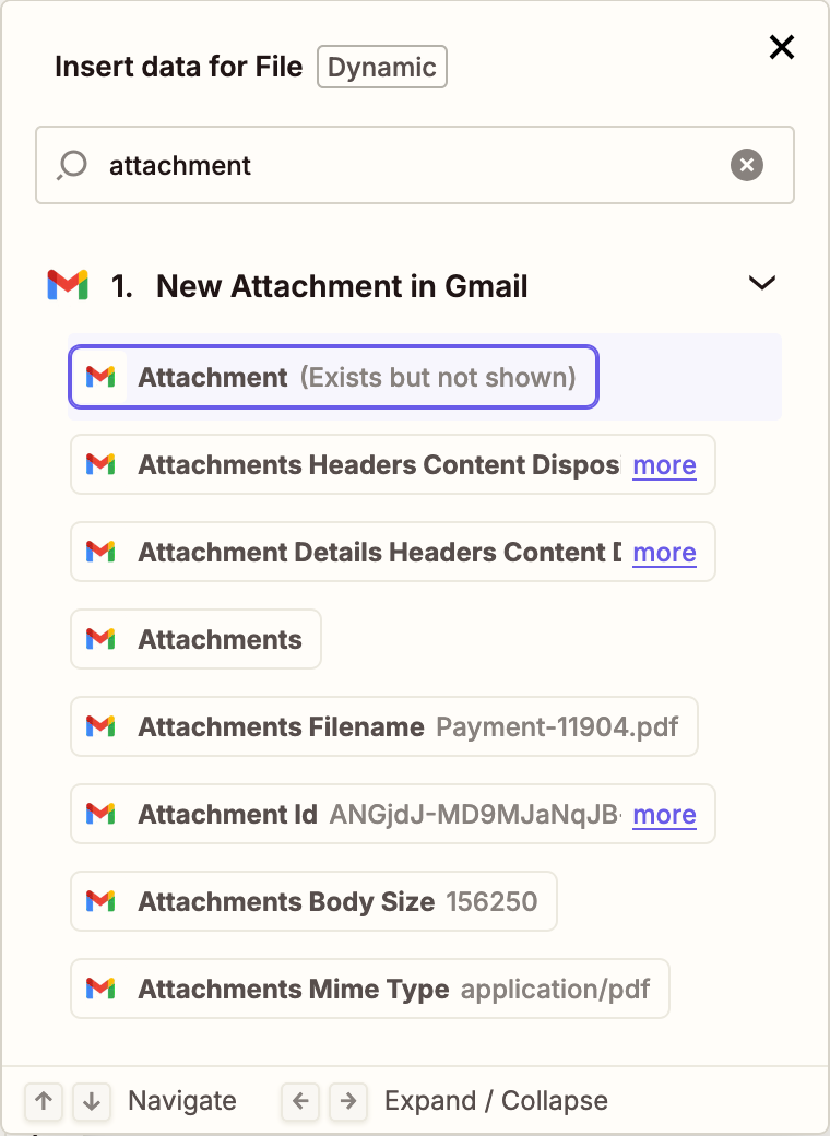 Attachment fields search