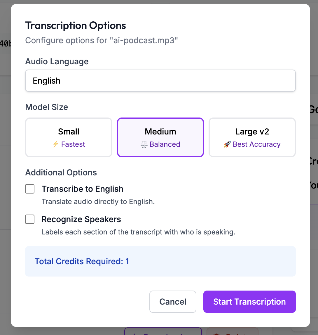 Transcription modal