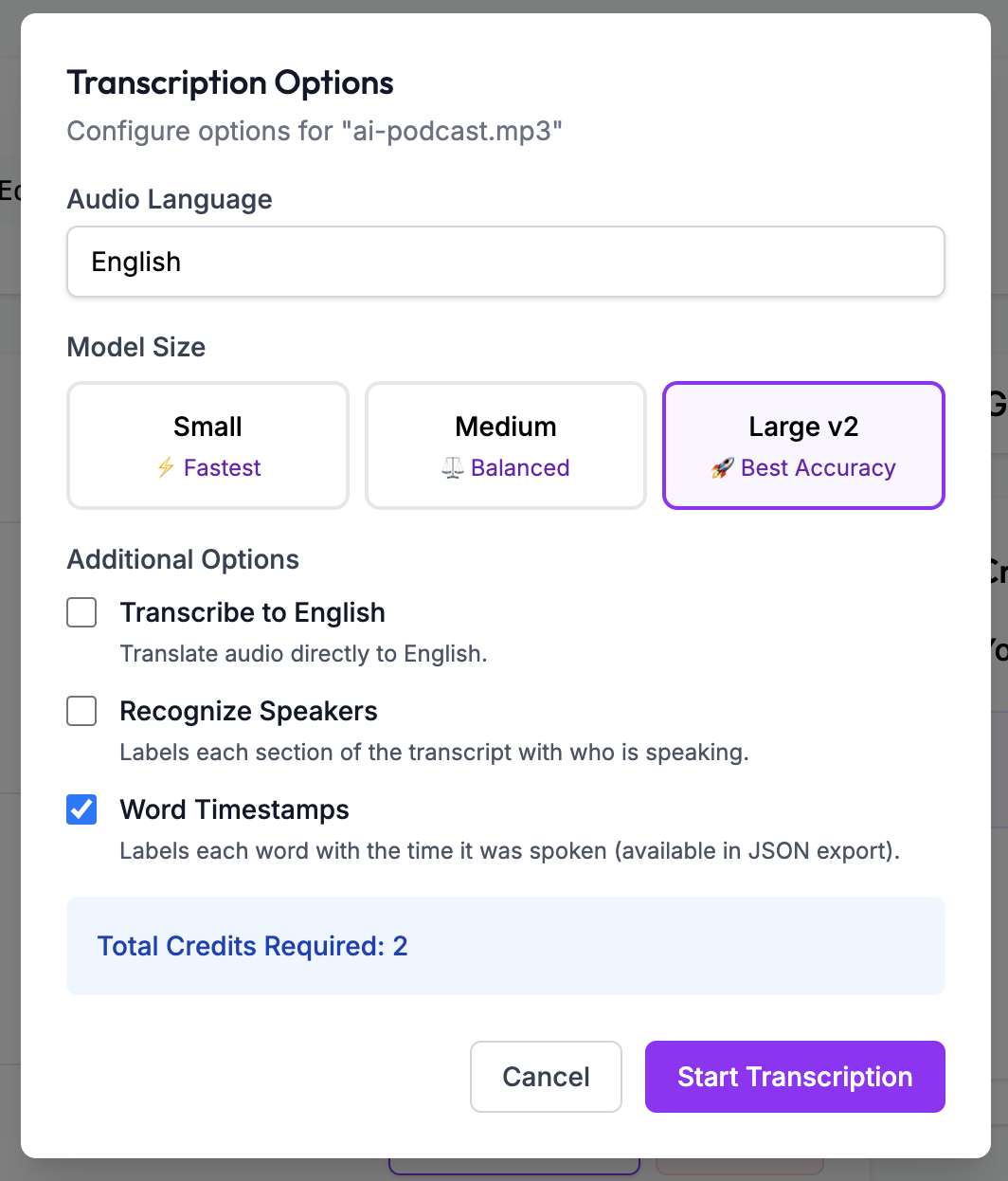Transcription modal